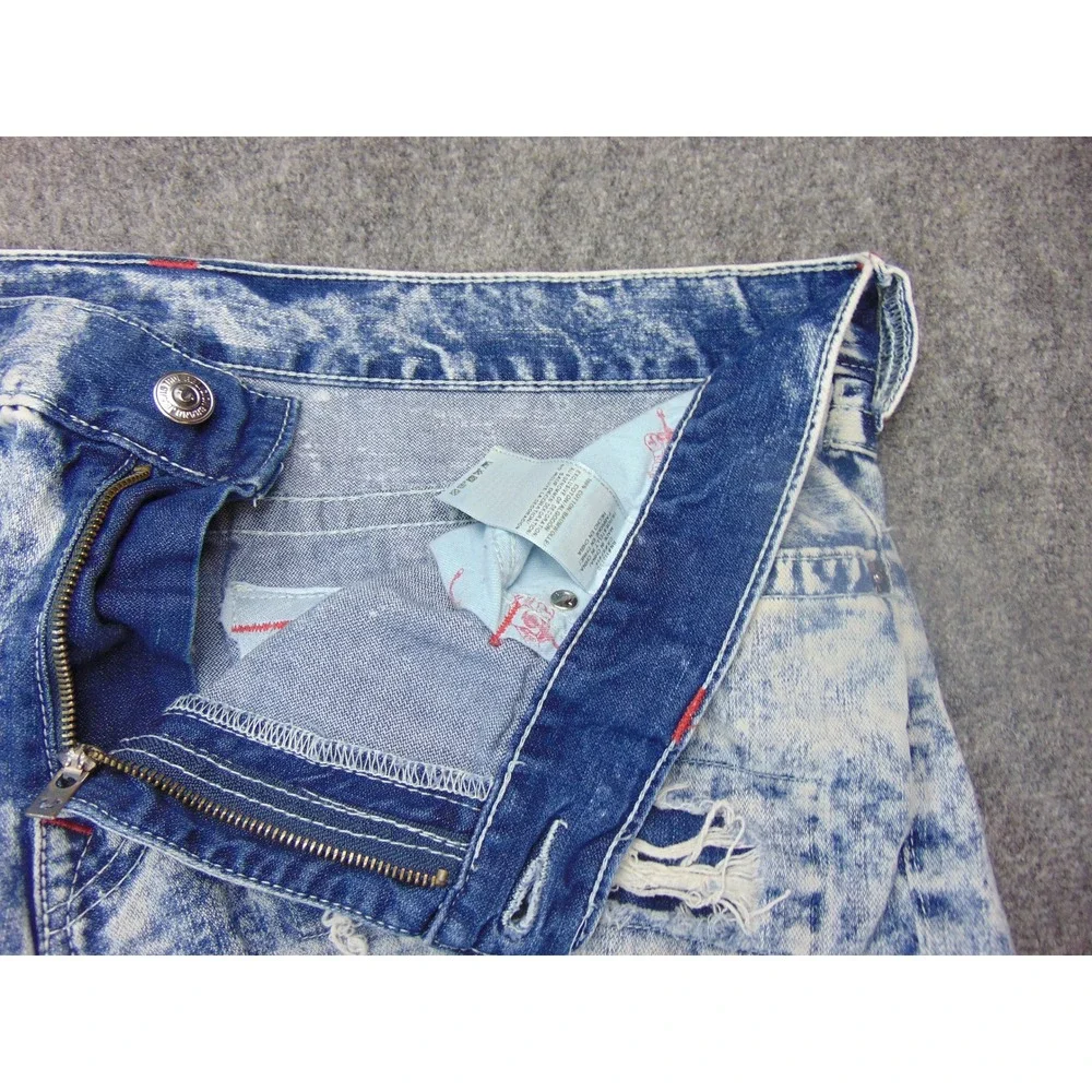 True Religion Jeans Mens 42x32 Blue Acid Wash Distressed Flap Pocket Y2K Grunge